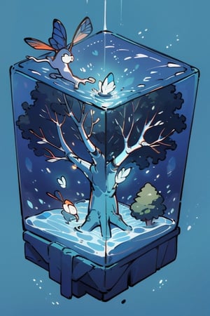 tree in water cube, isometric, blue glowing background, firefliesfireflies