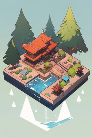 pagoda with a garden in the mountains, architecture, isometric, water, ancient, trees, isometric