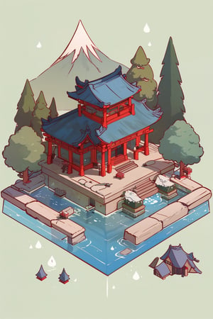 pagoda, mountains, garden, architecture, isometric, water, chinese, ancient, trees, isometric