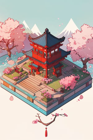 pagoda, garden, architecture, isometric, water, cherry blossoms, mountains, chinese, ancient, trees