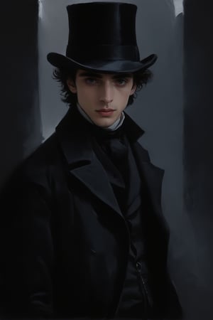Timothée Chalamet, Austin Butler, (Masterpiece, Best quality), (exterior night, image of a man, thin with very marked cheekbones, an aquiline nose and penetrating gray eyes, wearing elegant Victorian-era clothing, black clothes, a very dark gray top hat, outside at night on the street of old London) (finely detailed eyes), (finely detailed eyes and detailed face), (Extremely detailed CG, Ultra detailed, Best shadow), Beautiful conceptual illustration, full body, (illustration), (extremely fine and detailed), (Perfect details), (Depth of field),dark