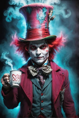 cyberpunk (mad hatter johnny depp in wonderland:1.3) holding a cup of tea,cyberpunk style,mysterious magical ground fog,bioluminiscent drink,graffito,mist,incredible detailed,soft neon light,cinematic,iridescent red,vivid details,robotic bionic features,whimiscal toxic dust,hyperrealistic masterwork by head of prompt engineering 