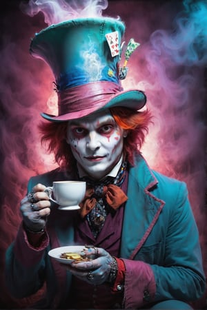 cyberpunk (mad hatter johnny depp in wonderland:1.3) holding a cup of tea,cyberpunk style,mysterious magical ground fog,bioluminiscent drink,graffito,mist,incredible detailed,soft neon light,cinematic,iridescent red,vivid details,robotic bionic features,whimiscal toxic dust,hyperrealistic masterwork by head of prompt engineering 