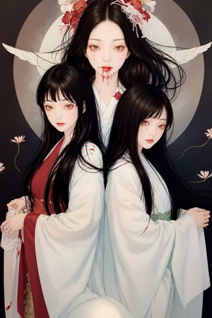 2 angels and a young girl, symmetry, cowboy shot, masterpiece, hair, hime cut, very long hair, big_breasts, heaven, sky, red spider lilies, funeral robe, looking_at_viewer, More Detail, eyes, blood