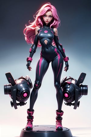 masterpiece, best quality, (clean white background), (beautiful detailed face, beautiful detailed eyes), highres, ultra detailed, masterpiece, best quality, detailed eyes, full body, 1_girl, cyberpunk scene, standing dynamic pose, long pink hair, slender figure, slender legs, slender hips. cybertronic metal arm, tight space suit showing off her slim figure, small breasts, large oversized moon boots