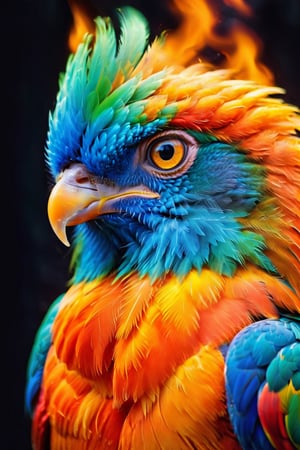 close up of the head of a beautiful highly colored feathered bird, phoenix, fire, burning, beautiful coloration of the feathers, ornate plumage, orange, green, blue, full head, no cropping, bird of prey beak, high quality, 8k, sharp details, {{sharp focus on the eye}}, fine art painting, plain black background, ,fire element