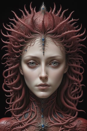 detailed realistic piero deep red neuron face and breasts portrait by jean delville, beautiful intense eyes, gustave dore, iris van herpen, h. r. geiger and marco mazzoni, symetrical, art forms of nature by ernst haeckel, art nouveau, symbolist, visionary, gothic, neo-gothic, pre-raphaelite, fractal lace, crown, biomechanical, intricate alien botanicals, biodiversity, surreality, hyperdetailed ultrasharp octane render,more detail XL, gh3a,gh3a,b3rli