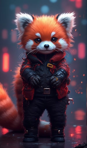 Cute little red panda, cyberpunk, playfull, happy,  cuteness overload, masterpiece, small centered composition, product shot, wallpaper art, Rule of Thirds, delicate, lovable, tiny, best, dynamic composition, magnificent, intense, perfect background, kawaii