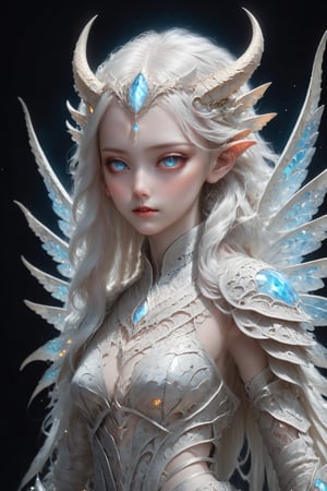 (upper body), (long intricate horns:1.2), sensual albino demon girl with enchantingly beautiful, alabaster skin, thinking, thoughtful, A benevolent smile, girl has beautiful deep eyes, soft expression, beautiful angel wings, Depth and Dimension in the Pupils, Her porcelain-like white skin reflects an almost celestial glow, highlighting her ethereal nature, Every detail of her divine lace costume is meticulously crafted, adorned with jewels that sparkle with a divine radiance, mysterious smoky background, an aura of supernatural allure, ornate jewels, mesmerizing dance of light that enhances her divine presence, moonlit garden, mystical realm, the scene Illuminated  with soft enchanting light to accentuate the magical and mysterious atmosphere, goth person, realistic, Wonder of Art and Beauty, ghost person,ghost person,F41Arm0rXL ,DonMM4g1cXL 