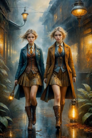 art by Mandy Disher, digital art 8k, Jean-Baptiste Monge style, art by cameron gray, mail art, cuteness overload, Northern Renaissance, tempera on old worn canvas, fairytale, symbolism, dynamic poster, ((two beautiful sisters walking side by side)), one with blonde hair and one with black hair, wearing schoolgirl pleated miniskirts and pushup bras, foggy night, autumnal, complex background, meticulously detailed tempera portrait, detailed jungle landscape complementary colors, insanelly detailled, volumetrics clouds, stardust, 8k resolution, watercolor, razumov style. art by Razumov and Volegov, art by Carne Griffiths and Wadim Kashin rutkowski repin artstation hyperrealism painting, 4 k resolution blade runner, sharp focus, emitting diodes, smoke, artillery,sparks,racks,system unit,motherboard, by pascal blanche rutkowski repin artstation hyperrealism painting concept art of detailed character design matte painting, 4 k resolution , in the style of esao andrews,aesthetic portrait,HZ Steampunk