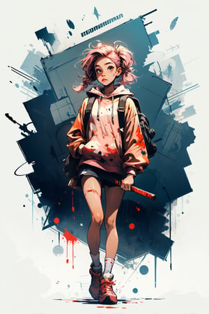 full_body, 14 year old, cute urban street kid girl with brown skin and pink hair in pigtails, wearing hoodie and large backpack, holding an oversized axe, blood splatter, decapitated zombie at her feet, pop art style midjourney, 1 girl, SAM YANG, realhands, SAM YANG
