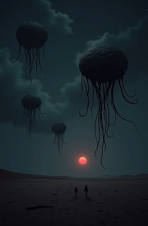 Portrait style, realism, hyper realistic, photography, oil painting, blurry effect, dynamic movement poses, Best quality, 4K, 8K, high-resolution, masterpiece, ultra-detailed, photorealistic
.
.
( photo of a black sand desert, several giant black otherworldly creatures with cable-like hanging tentacles are floating in the starry sky, a faint red sun barely shines through the cloud cover, highly detailed, cinemascope, moody, epic, photorealistic, color graded cinematic, atmospheric lighting, award winning photo, film grain ), 
.
.
Digital illustration, Digital Painting, digital art style, full body, fantasy detailers, more details, oil painting effect, fantasy art style,