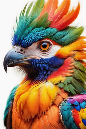 close up of the head of a beautiful highly colored feathered bird, phoenix, beautiful coloration of the feathers, ornate plumage, high quality, 8k, sharp details, fine art painting, plain white background