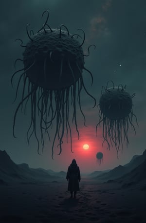 Portrait style, realism, hyper realistic, photography, oil painting, blurry effect, dynamic movement poses, Best quality, 4K, 8K, high-resolution, masterpiece, ultra-detailed, photorealistic
.
.
( photo of a black sand desert, several giant black otherworldly creatures with cable-like hanging tentacles are floating in the starry sky, a faint red sun barely shines through the cloud cover, highly detailed, cinemascope, moody, epic, photorealistic, color graded cinematic, atmospheric lighting, award winning photo, film grain ), 
.
.
Digital illustration, Digital Painting, digital art style, full body, fantasy detailers, more details, oil painting effect, fantasy art style,