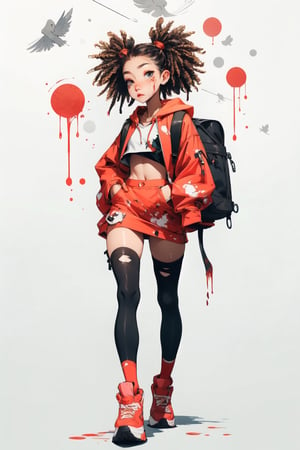 full_body, 14 year old, cute urban street kid girl with pink and gree hair in twin pigtails, wearing crop top hoodie, mini skirt and thigh highs, carrying a large backpack, holding an oversized machette, blood splatter background, decapitated zombie head at her feet, pop art style midjourney, 1 girl, SAM YANG, realhands, SAM YANG
