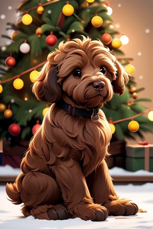 a cute all light caramel australian labradoodle with a brown nose, full body, sitting_down, snow on the ground, Christmas tree in background, christmas lights