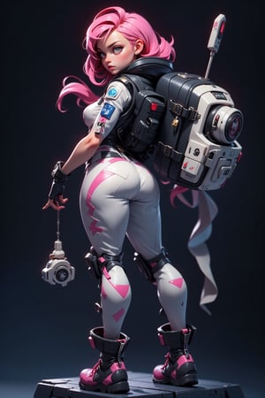 masterpiece, best quality, (detailed background), (beautiful detailed face, beautiful detailed eyes), highres, ultra detailed, masterpiece, best quality, detailed eyes, full body, 1_girl, cyberpunk scene, standing dynamic pose, her long, pink hair cascades down her back, adding a touch of femininity to her otherwise tough and adventurous appearance. Her tight space suit shows off her figure, while her small breasts and large moon boots give her a unique and diverse look. With her big space helmet and jet pack, she is the epitome of a fearless space explorer.