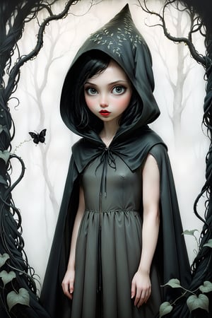 Painting in art style of Nicoletta Ceccoli, Daria Petrilli and Anton Semenov, minimalist style. Painting of a beautiful girl, in a dark sinister forest. totally naked wearing a black cloak and hood, feeling of forboding, creepy, eerie, dark, black creeping vines, sensual, erotic, sexual, nudity, nude, ,aesthetic portrait,tutelage_voy, in the style of esao andrews