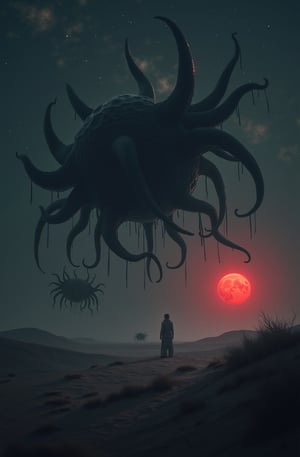 Portrait style, realism, hyper realistic, photography, oil painting, blurry effect, dynamic movement poses, Best quality, 4K, 8K, high-resolution, masterpiece, ultra-detailed, photorealistic
.
.
( photo of a black sand desert, several giant black otherworldly creatures with cable-like hanging tentacles are floating in the starry sky, a faint red sun barely shines through the cloud cover, highly detailed, cinemascope, moody, epic, photorealistic, color graded cinematic, atmospheric lighting, award winning photo, film grain ), 
.
.
Digital illustration, Digital Painting, digital art style, full body, fantasy detailers, more details, oil painting effect, fantasy art style,