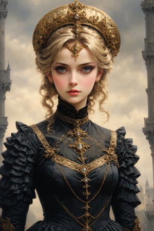 Elegantism, opulent scene, full portrait of a Victorian lady, heroic, black clothes, gold trim, castle, head and shoulders portrait, 8k resolution. (masterpiece, top quality, best quality, official art, beautiful and aesthetic:1.2), (1girl:1.4), upper body, blonde hair, portrait, extreme detailed, 
