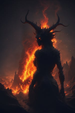 Generate hyper realistic image of a creature forged from the embers of apocalyptic fires, the Apocalyptic Emberfiend. Its body is wreathed in perpetual flames, and its gaze burns with an infernal intensity. The Emberfiend emerges from the aftermath of cataclysmic events, leaving behind a trail of smoldering ruin and scorching despair. a beautiful naked demon girl of glowing embers, walks towards the viewer out of a flaming inferno, her slender naked body glowing with fiery trails, large curling horns, huge bat like wings spring from her shoulder blades arching above her head, a dark black background of jagged rock face with huge hexagonal basalt columns dripping with hot lava, a flow of fiery hot flowing magma at her feet