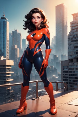 Top quality, ultra high resolution, realistic realism, sunlight, full body portrait, amazing beauty, dynamic pose, cowboy shot, delicate face, vivid eyes, (from the front), she is in a spiderman suit, orange color and white color scheme, spider, highly detailed city roof background, rooftop, overlooking the city, detailed face, detailed complex busy background, messy and gorgeous milky white color, highly detailed skin, realistic skin details, visible pores, clear focus, volumetric fog, 8k UHD, DSLR, high quality, film grain, fair skin, photorealism, lomography, futuristic dystopian megalopolis, translucent