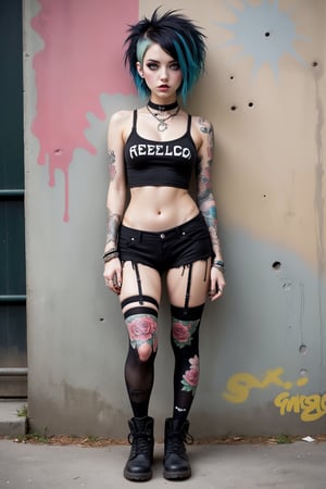 beautiful 20yo girl, a girl in Fairy Grunge fashion, blending ethereal charm with a touch of grunge edge, She wears a tiny micro bikini top and panties, floral baseball boots and torn black stockings, creating a whimsical contrast to the rebellious aesthetic. Messy, multi-colored hair and makeup complete the look, baseball boots, goth person, piercings, nipple piercing, tattoos, ExStyle, Urban Grafitti covered concrete wall Background, AI_Misaki, p3rfect boobs, Wonder of Beauty,p3rfect boobs,cleavage
