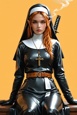 1girl,sexy,latex, thight,  solo, long hair, looking at viewer, , simple background, gloves, long sleeves, sitting, closed mouth, smoking a large cuban cigar, weapon, pointy ears, belt, sword, orange eyes, wariza, katana, sheath, yellow background, pouch, sheathed, orange background, nun, habit, scabbard, weapon on back