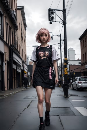 1girl, single girl, 20 year old girl with pink hair, short hair, sexy girl, ((full_body)), urban streetwear, bare legs, hyper detailed, studio photo, intricate details, highly detailed, by greg rutkowski, photography, ethereal, extremely detailed, delicate detail, crisp quality, ultra realistic, hyperrealistic, award jenny saville, edward hopper, surrealism, dark art by james jean, takato yamamoto, urban street background, urban techwear