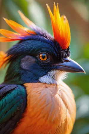 close up shot of the head of a Lawe's Parotia, bird of paradise, beautiful coloration of the feathers, high quality, 8k, sharp details, plain blurred background, bokeh, zoom lens, 