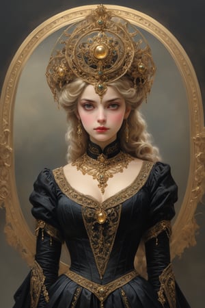 Elegantism, opulent scene, full portrait of a Victorian lady, heroic, black clothes, gold trim, crescent, castle, head and shoulders portrait, 8k resolution. (masterpiece, top quality, best quality, official art, beautiful and aesthetic:1.2), (1girl:1.4), upper body, blonde hair, portrait, extreme detailed, 