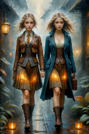 art by Mandy Disher, digital art 8k, Jean-Baptiste Monge style, art by cameron gray, mail art, cuteness overload, Northern Renaissance, tempera on old worn canvas, fairytale, symbolism, dynamic poster, ((two beautiful sisters of different ages walking side by side)), one with blonde hair and one with black hair, wearing schoolgirl pleated miniskirts and pushup bras, each wearing different outfits, foggy night, autumnal, complex background, meticulously detailed tempera portrait, detailed jungle landscape complementary colors, insanelly detailled, volumetrics clouds, stardust, 8k resolution, watercolor, razumov style. art by Razumov and Volegov, art by Carne Griffiths and Wadim Kashin rutkowski repin artstation hyperrealism painting, 4 k resolution blade runner, sharp focus, emitting diodes, smoke, artillery,sparks,racks,system unit,motherboard, by pascal blanche rutkowski repin artstation hyperrealism painting concept art of detailed character design matte painting, 4 k resolution , in the style of esao andrews,aesthetic portrait,HZ Steampunk