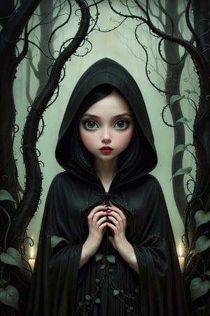 Painting in art style of Nicoletta Ceccoli, Daria Petrilli and Anton Semenov, minimalist style. Painting of a beautiful girl, in a dark sinister forest. totally naked wearing a black cloak and hood, feeling of forboding, creepy, eerie, dark, black creeping vines, sensual, erotic, sexual, nudity, nude, ,aesthetic portrait