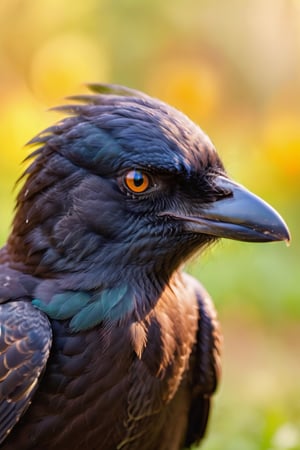 close up shot of the head of a little crow, beautiful coloration of the feathers, high quality, 8k, sharp details, plain background, bokeh, zoom lens, f/2.8