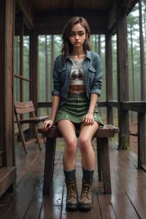 Professional photo of a spring pine forest in the rain, beautiful girl sitting on a wooden chair. wearing croptop lumberjack shirt and short miniskirt, long slender legs, combat boots, View from an old dark (porch:1.2), path, overhang. Contrast, detailed, hires, UHD, 8K, aesthetic portrait