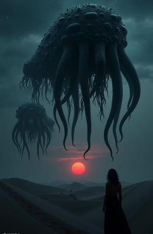 Portrait style, realism, hyper realistic, photography, oil painting, blurry effect, dynamic movement poses, Best quality, 4K, 8K, high-resolution, masterpiece, ultra-detailed, photorealistic
.
.
( photo of a black sand desert, several giant black otherworldly creatures with cable-like hanging tentacles are floating in the starry sky, tardigrade, a faint red sun barely shines through the cloud cover, dark silhouetted female figure in foreground, highly detailed, cinemascope, moody, epic, photorealistic, color graded cinematic, atmospheric lighting, award winning photo, film grain ), 
.
.
Digital illustration, Digital Painting, digital art style, full body, fantasy detailers, more details, oil painting effect, fantasy art style,