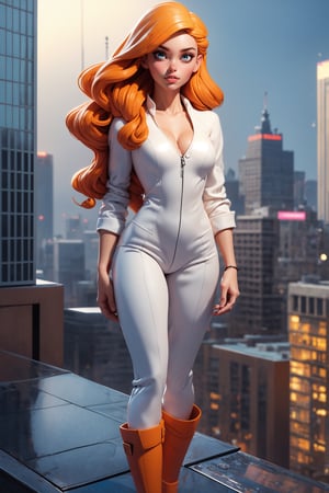 Top quality, ultra high resolution, realistic realism, sunlight, full body portrait, amazing beauty, dynamic pose, cowboy shot, delicate face, vivid eyes, long blonde flowing hair, (from the front), tall and slim build, athletic build, muscular abs, large breasts, cleavage, she is in a sexy superhero suit, orange color and white color scheme, naked legs with thigh high leather boots, naked abs, highly detailed city rooftop background, rooftop, overlooking the city, detailed face, detailed complex busy background, messy and gorgeous milky white color, highly detailed skin, realistic skin details, visible pores, clear focus, volumetric fog, 8k UHD, DSLR, high quality, film grain, fair skin, photorealism, lomography, futuristic dystopian megalopolis, translucent,edgJumpsuit