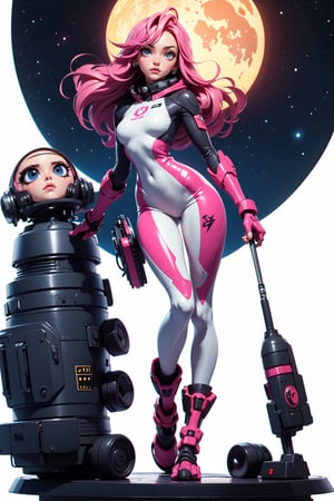 masterpiece, best quality, (clean white background), (beautiful detailed face, beautiful detailed eyes), highres, ultra detailed, masterpiece, best quality, detailed eyes, full body, 1_girl, cyberpunk scene, standing dynamic pose, long pink hair, slender figure, slender legs, slender hips. cybertronic metal arm, Her tight space suit shows off her figure, while her small breasts and large moon boots give her a unique and diverse look. With her big space helmet and jet pack, she is the epitome of a fearless space explorer., angle from below