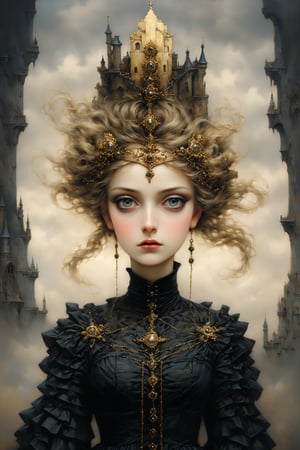 Elegantism, opulent scene, full portrait of a Victorian lady, heroic, black clothes, gold trim, castle, head and shoulders portrait, 8k resolution. (masterpiece, top quality, best quality, official art, beautiful and aesthetic:1.2), (1girl:1.4), upper body, blonde hair, portrait, extreme detailed, , in the style of esao andrews