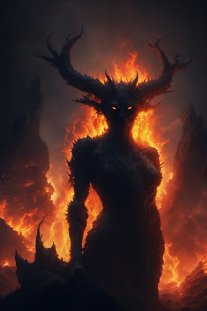 Generate hyper realistic image of a creature forged from the embers of apocalyptic fires, the Apocalyptic Emberfiend. Its body is wreathed in perpetual flames, and its gaze burns with an infernal intensity. The Emberfiend emerges from the aftermath of cataclysmic events, leaving behind a trail of smoldering ruin and scorching despair. a beautiful naked demon girl of glowing embers, walks towards the viewer out of a flaming inferno, her slender naked body glowing with fiery trails, large curling horns, a dark black background of jagged rock face with huge hexagonal basalt columns dripping with hot lava, a flow of fiery hot flowing magma at her feet