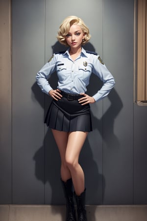 a girl, fiery red Marilyn Monroe's classic hairstyle, green eyes, perfect body, slender legs, slender hips, ultra- detailed, sexy policewoman, prison, dim lighting, police uniform, blue pleated micro miniskirt, handcuffs, full-body_portrait, hands on hips, black combat boots