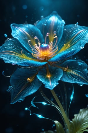 Magical Fantastic Bioluminescent Flowers, Liquid Structure, Flying Petals, Sparks, Splash, Portrait Photography, Fantasy Background, Intricate Patterns, Ultra Detailed, Luminous, Radiance, Ultra Realism, Complex Details, Intricate Details, 16k, HDR, High Quality, Trending On Artstation, Sharp Focus, Studio Photo, Intricate Details, Highly Detailed, By Greg Rutkowski