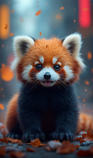 Cute little red panda, cyberpunk, playfull, happy,  cuteness overload, masterpiece, small centered composition, product shot, wallpaper art, Rule of Thirds, delicate, lovable, tiny, best, dynamic composition, magnificent, intense, perfect background, kawaii