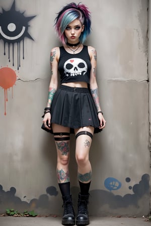 beautiful 20yo girl, a girl in Fairy Grunge fashion, blending ethereal charm with a touch of grunge edge, She wears a tiny micro miniskirt, sleeveless croptop, floral baseball boots and torn black stockings, creating a whimsical contrast to the rebellious aesthetic. Messy, multi-colored hair and makeup complete the look, perforated skirt, baseball boots, goth person, tattoos, ExStyle, Urban Grafitti covered concrete wall Background