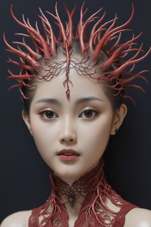 detailed realistic piero deep red neuron face portrait by jean delville, gustave dore, iris van herpen, h. r. geiger and marco mazzoni, symetrical, art forms of nature by ernst haeckel, art nouveau, symbolist, visionary, gothic, neo-gothic, pre-raphaelite, fractal lace, intricate alien botanicals, biodiversity, surreality, hyperdetailed ultrasharp octane render,more detail XL,asian girl, ,gh3a