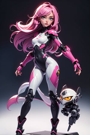 masterpiece, best quality, (clean white background), (beautiful detailed face, beautiful detailed eyes), highres, ultra detailed, masterpiece, best quality, detailed eyes, full body, 1_girl, standing dynamic pose, long pink hair, slender figure, slender legs, slender hips. cybertronic metal arm, tight space suit showing off her slim figure, small breasts, large oversized moon boots, cute robotic companion