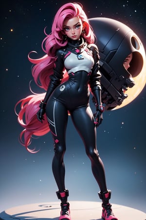 masterpiece, best quality, (detailed background), (beautiful detailed face, beautiful detailed eyes), highres, ultra detailed, masterpiece, best quality, detailed eyes, full body, 1_girl, cyberpunk scene, standing dynamic pose, long pink hair, slender figure, slender legs, slender hips. Her tight space suit shows off her figure, while her small breasts and large moon boots give her a unique and diverse look. With her big space helmet and jet pack, she is the epitome of a fearless space explorer.