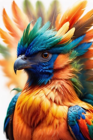 close up of the head of a beautiful highly colored feathered bird, phoenix, beautiful coloration of the feathers, ornate plumage, orange, green, blue, full head, no cropping, bird of prey beak, high quality, 8k, sharp details, {{sharp focus on the eye}}, fine art painting, plain white background,1dragon