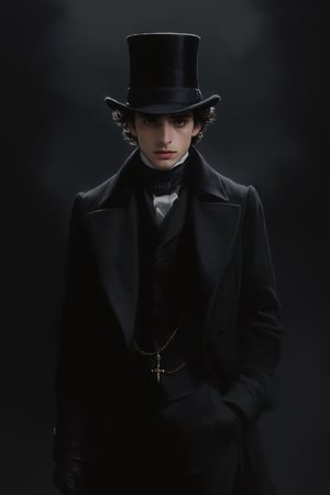 Timothée Chalamet, Austin Butler, (Masterpiece, Best quality), (exterior night, image of a man, thin with very marked cheekbones, an aquiline nose and penetrating gray eyes, wearing elegant Victorian-era clothing, black clothes, a very dark gray top hat, outside at night on the street of old London) (finely detailed eyes), (finely detailed eyes and detailed face), (Extremely detailed CG, Ultra detailed, Best shadow), Beautiful conceptual illustration, full body, (extremely fine and detailed), (Perfect details), (Depth of field),dark, sinister