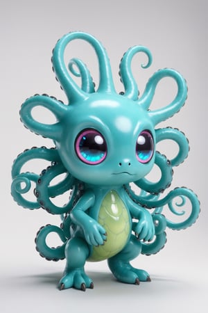 A cute alien creature with a mass of writhing tentacles, large glass reflective eyes, plain background, 3d_model, cinematic lighting, rim lighting, kawaii, pokemon, t-shirt character, white background, cutout, bioluminiscence, chromatophore
